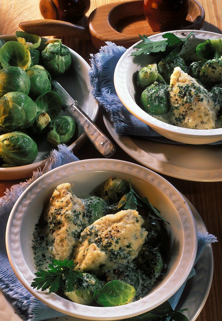 Brussels sprouts with cheese dumplings and herb sauce