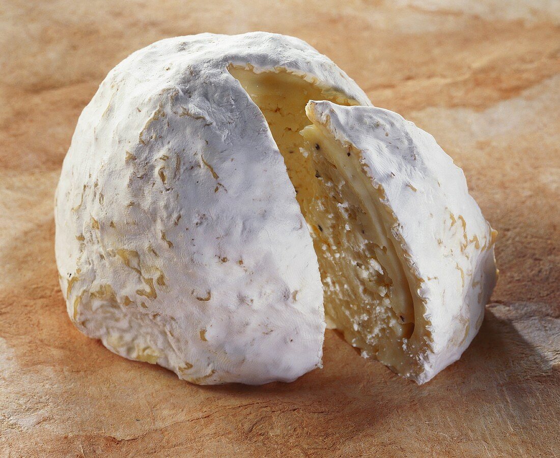 Gaperon, a French semi-hard cheese, on reddish background