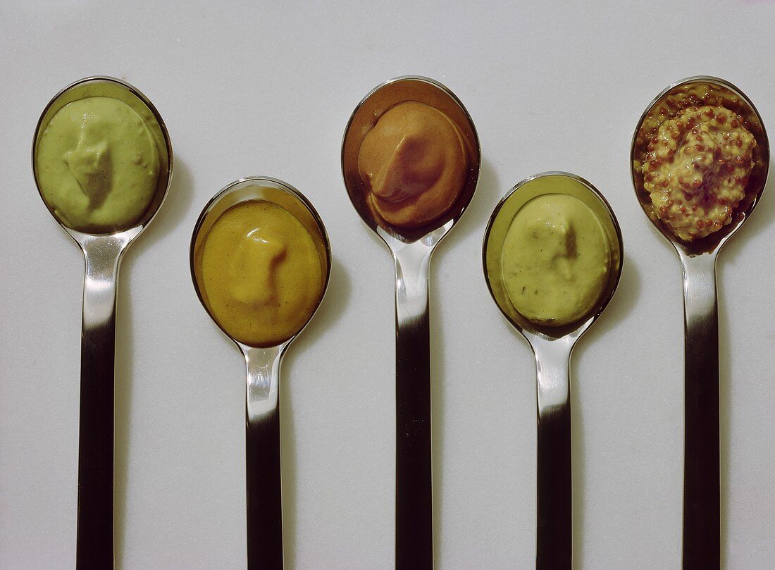 Five assorted Kinds of Mustard on Spoons