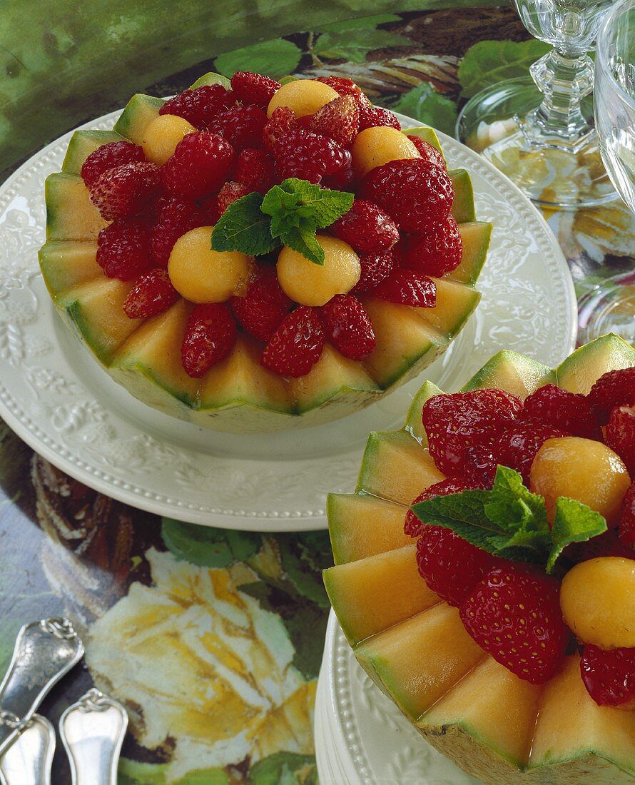 Melon and strawberry salad in hollowed-out melon halves