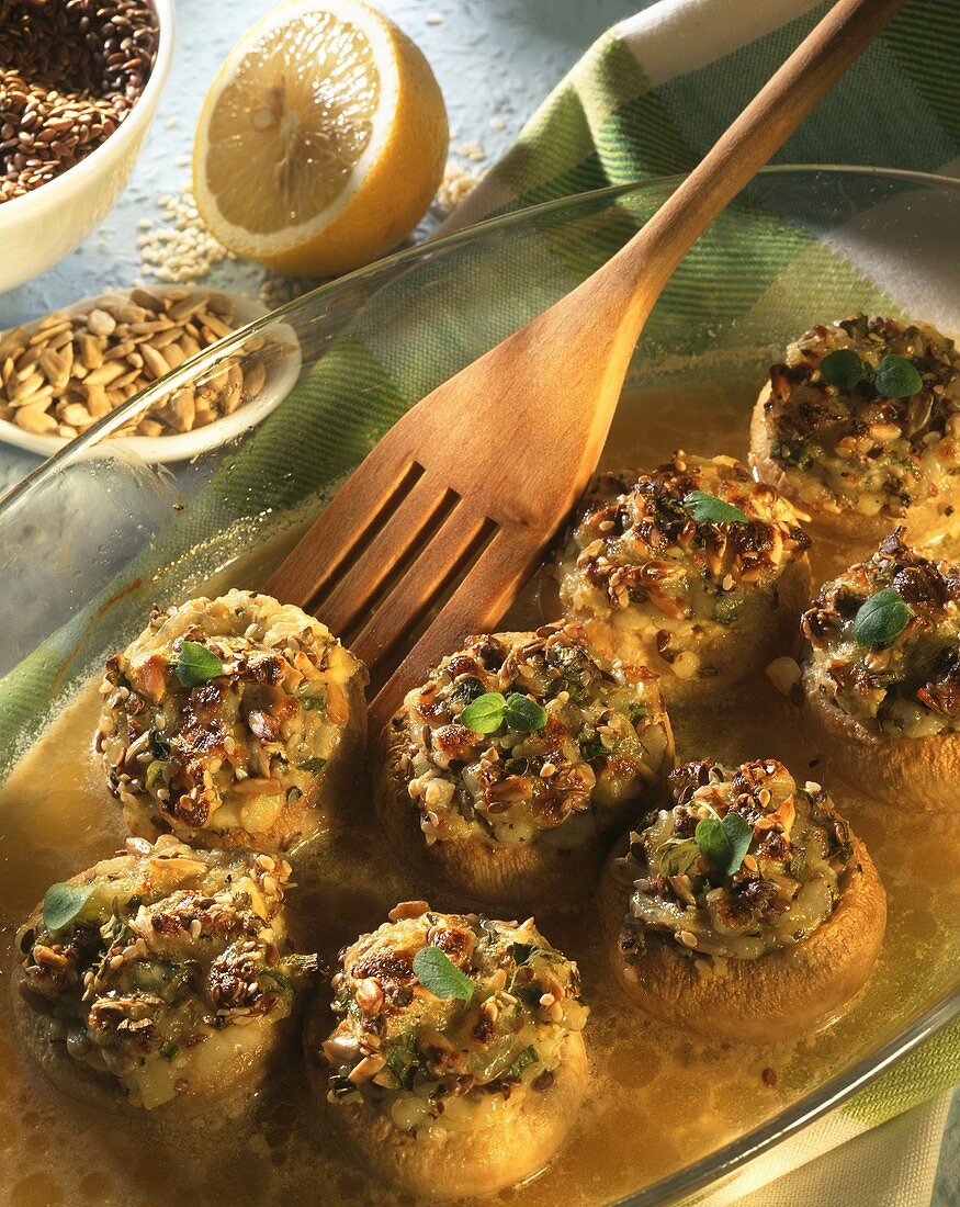 Mushrooms stuffed with cottage cheese & linseed in baking dish
