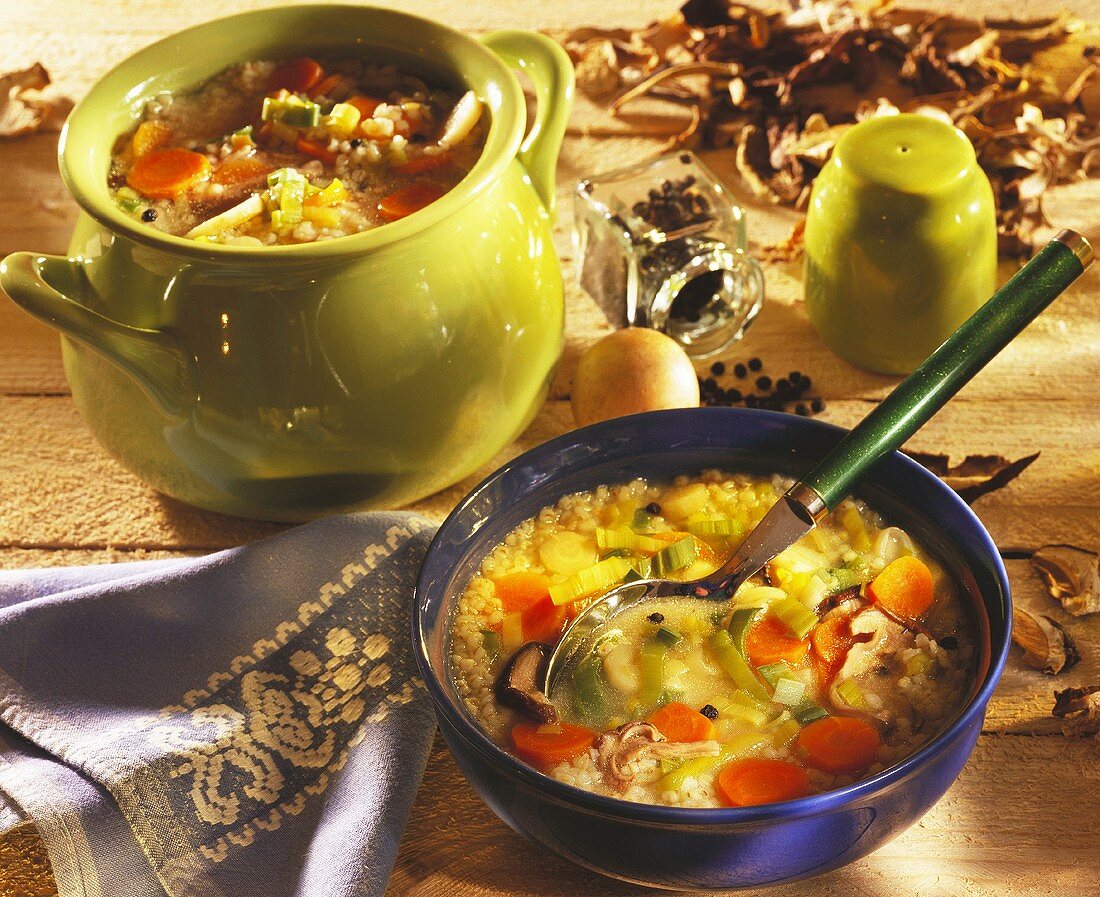 Barley soup with vegetables, mushrooms and spare ribs