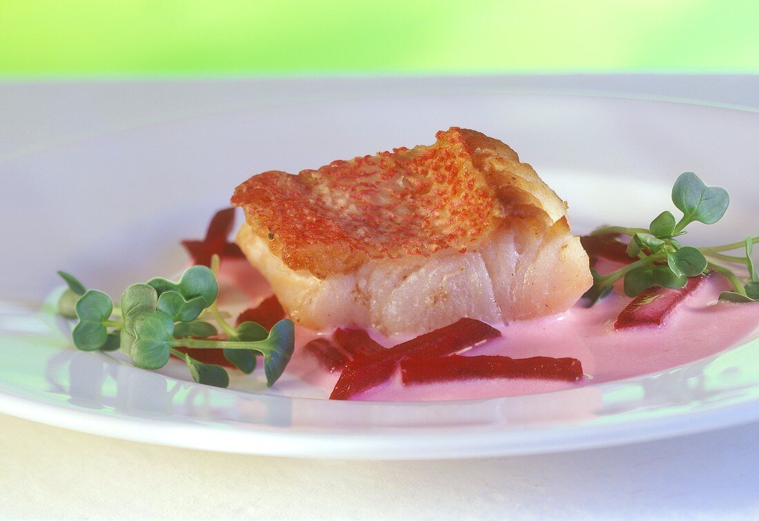 Fried pike-perch fillet with beetroot and cress