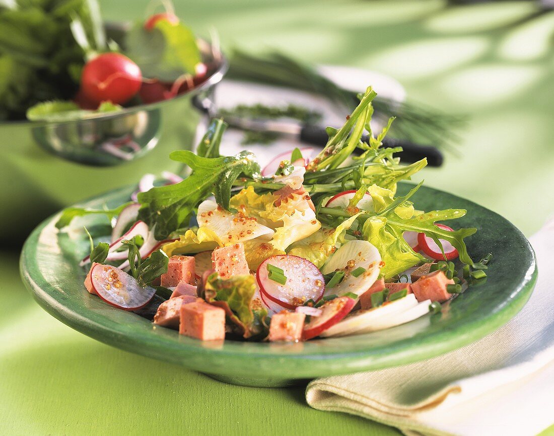 Radish salad with rocket and sausage