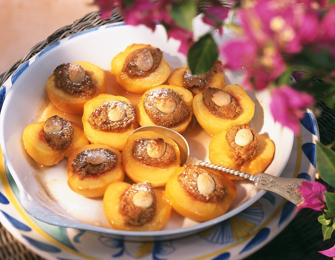 Almond peaches brulee in a bowl