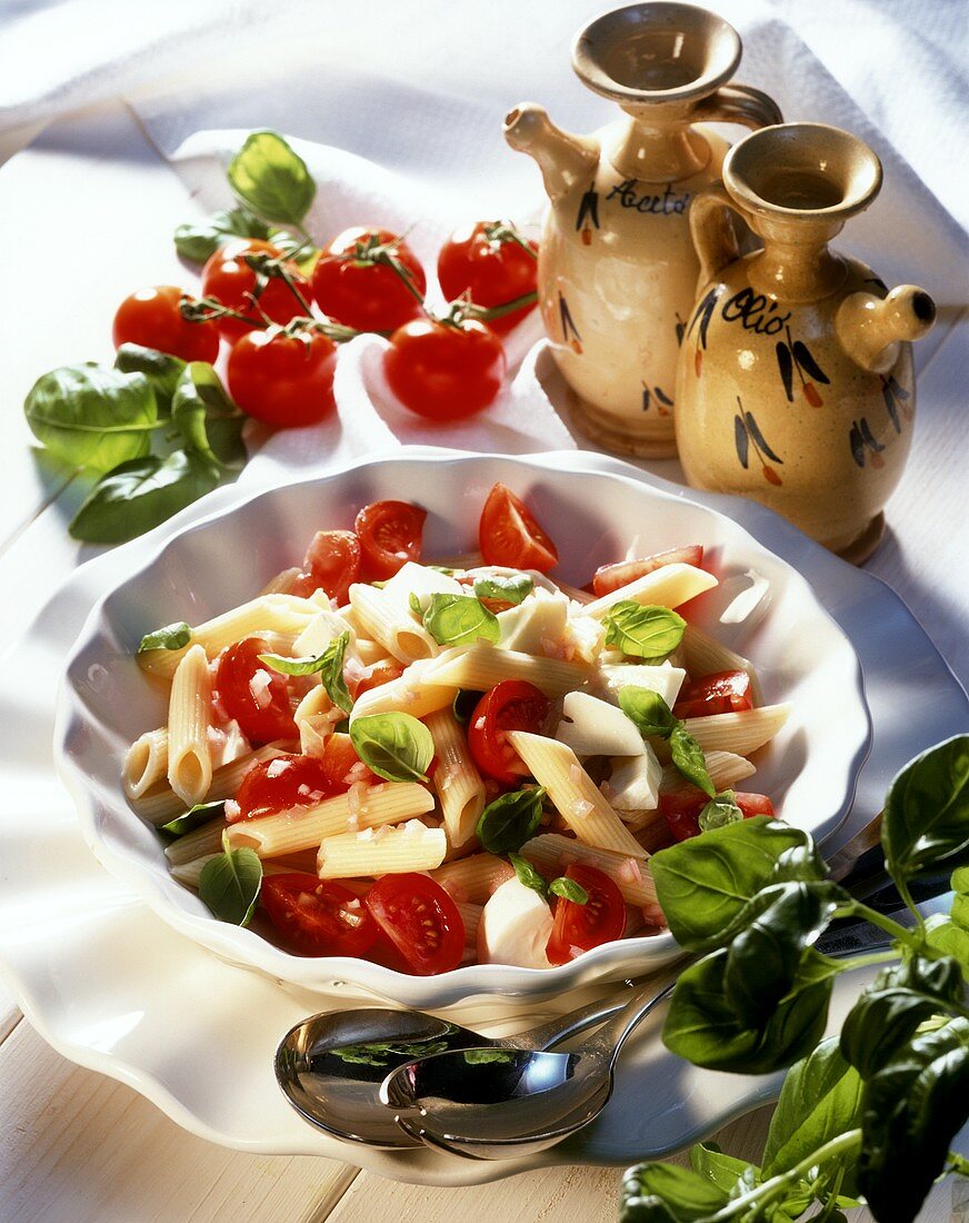 Pasta caprese (Nudelsalat mit Tomaten, Mozzarella, Basilikum)