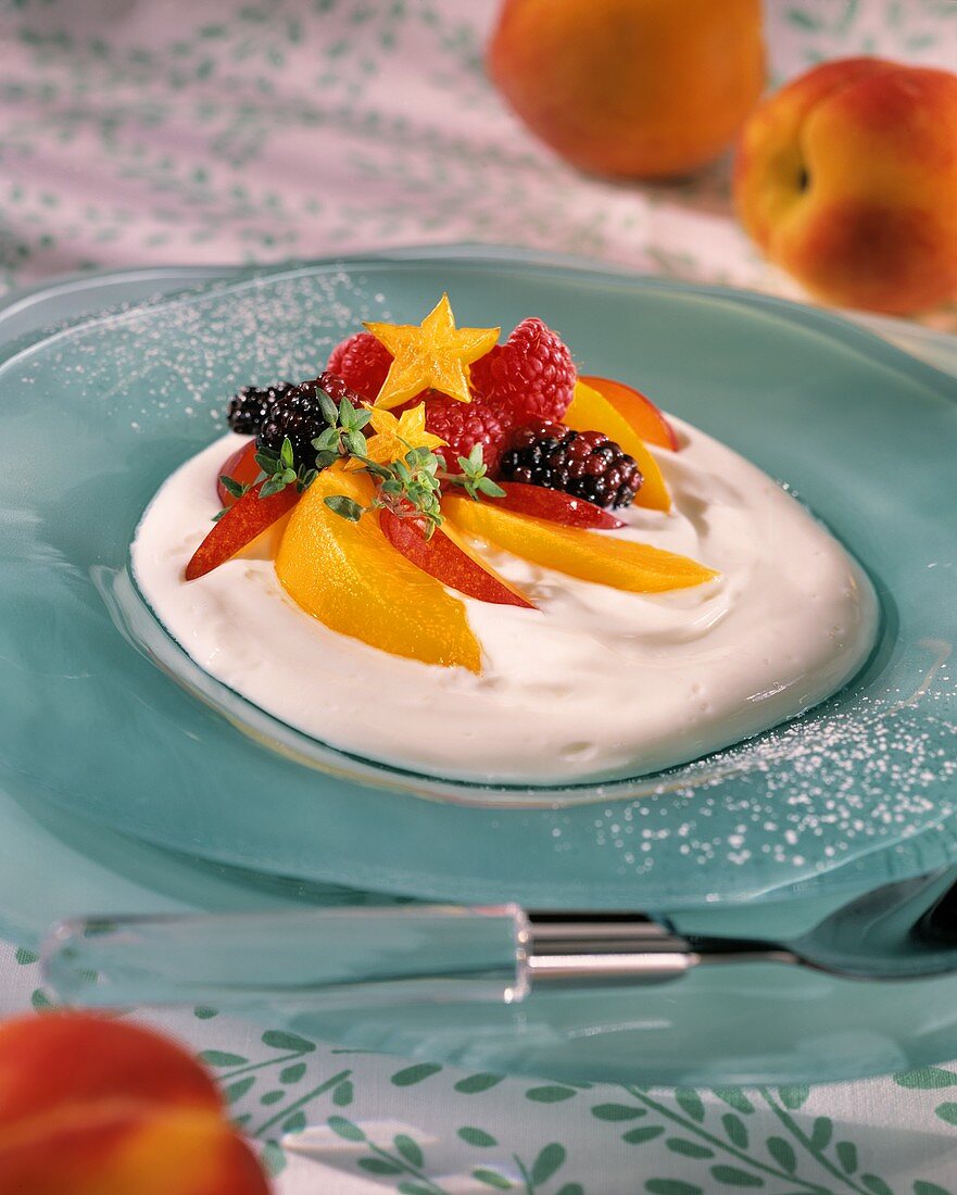 Yoghurt with fresh fruit on a plate