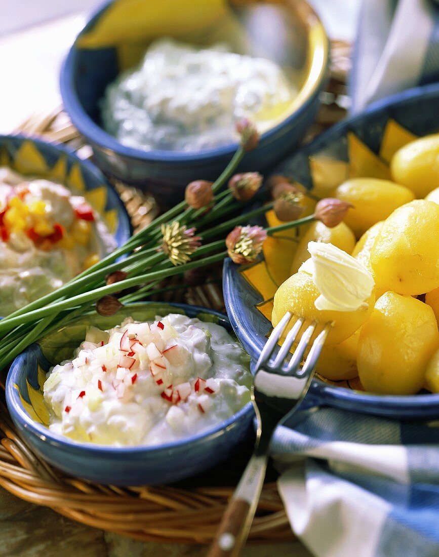 Boiled potatoes with three kinds of quark and butter