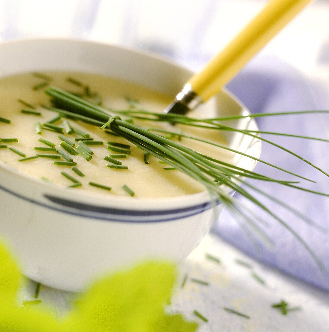 Kohlrabi soup with chives in a soup bowl