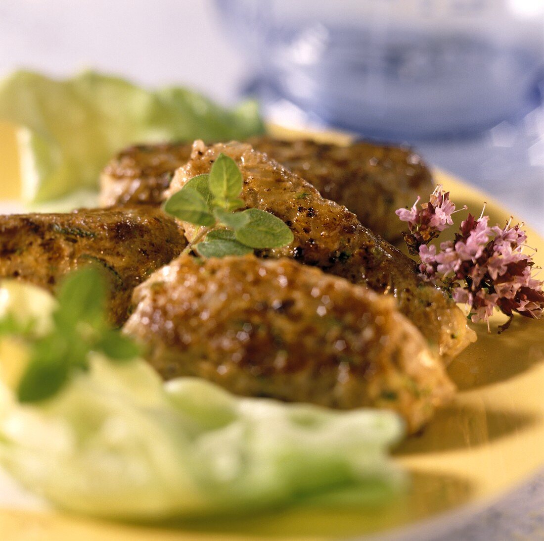 Grilled cevapcici with salad leaves on plate