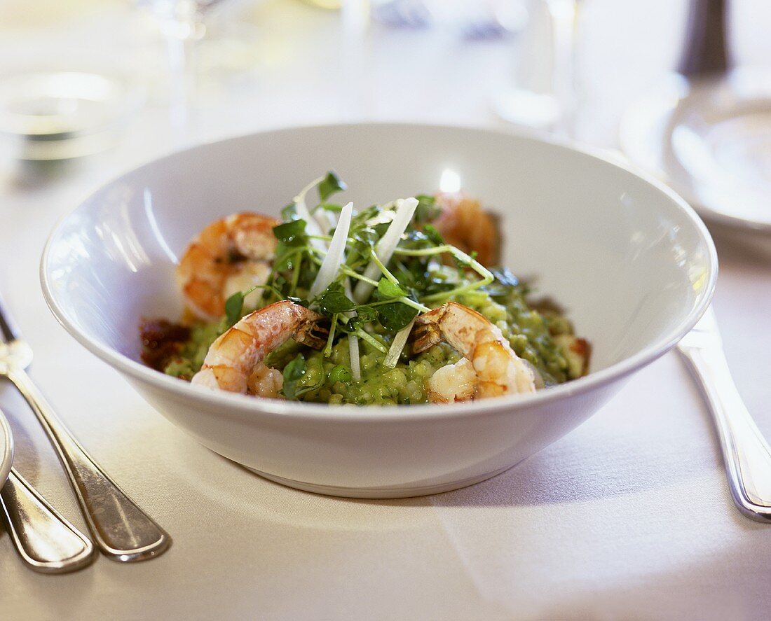Pea risotto with scampi and watercress in deep plate