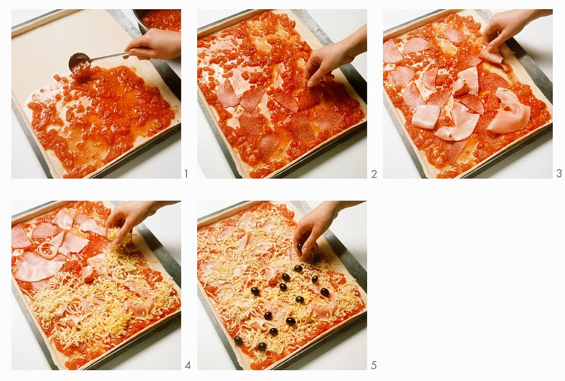Putting the topping on a pizza