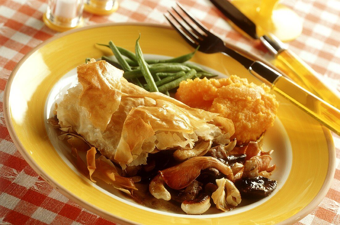 Mushrooms in puff pastry with green beans & sweet potato puree