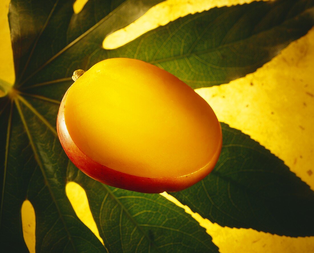 Half a mango on a green leaf