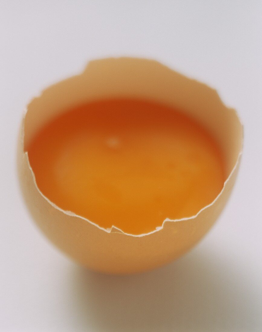 An egg, broken open, in its shell