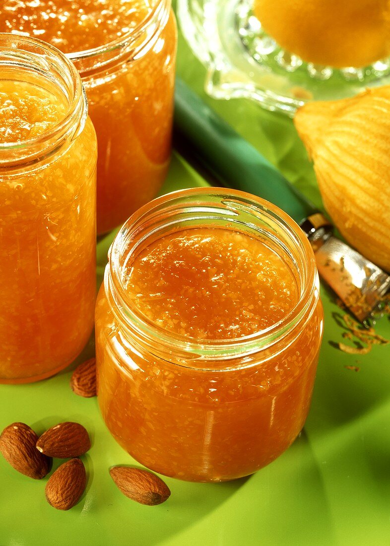 Carrot jam with almonds and ginger in jars