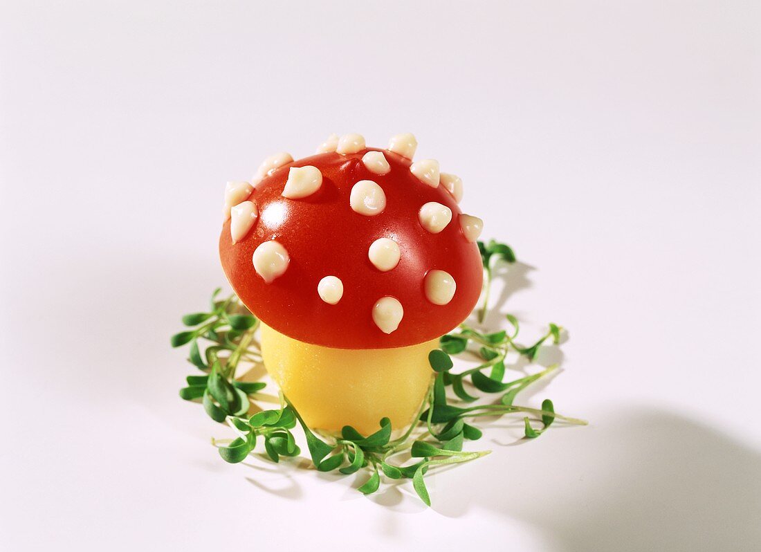 Fly agaric made of potato & tomato with mayonnaise spots