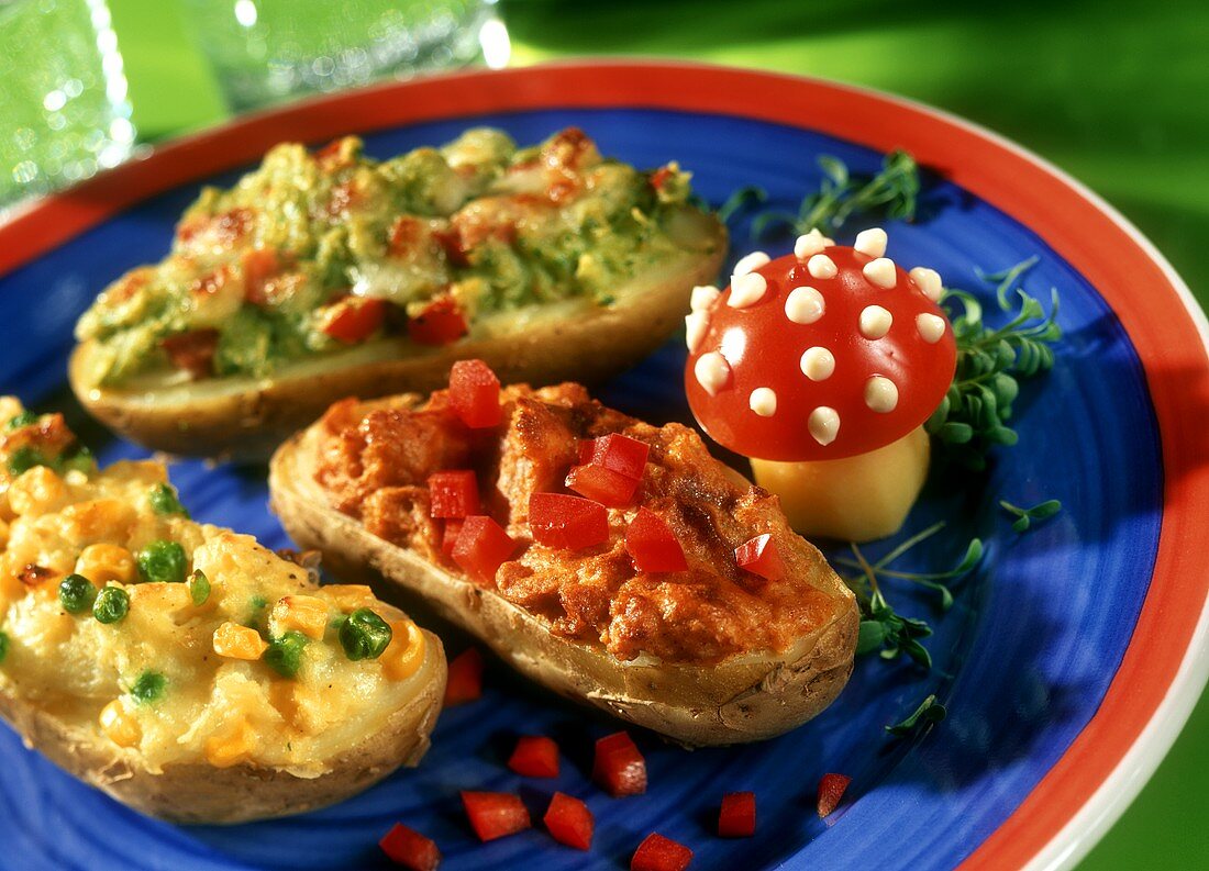 Baked potatoes with various toppings, with tomato fly agarics