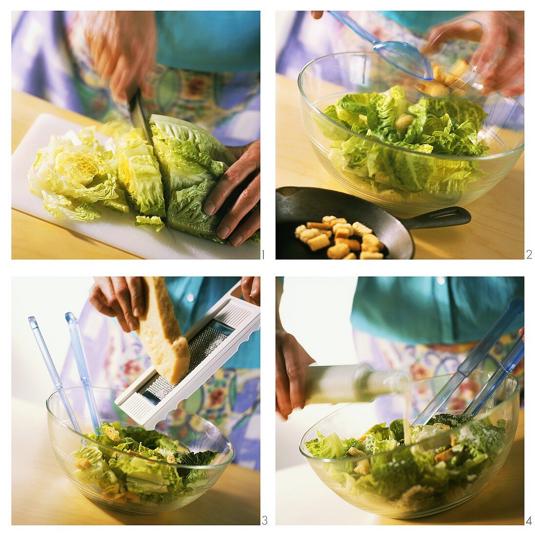 Making Caesar salad with croutons