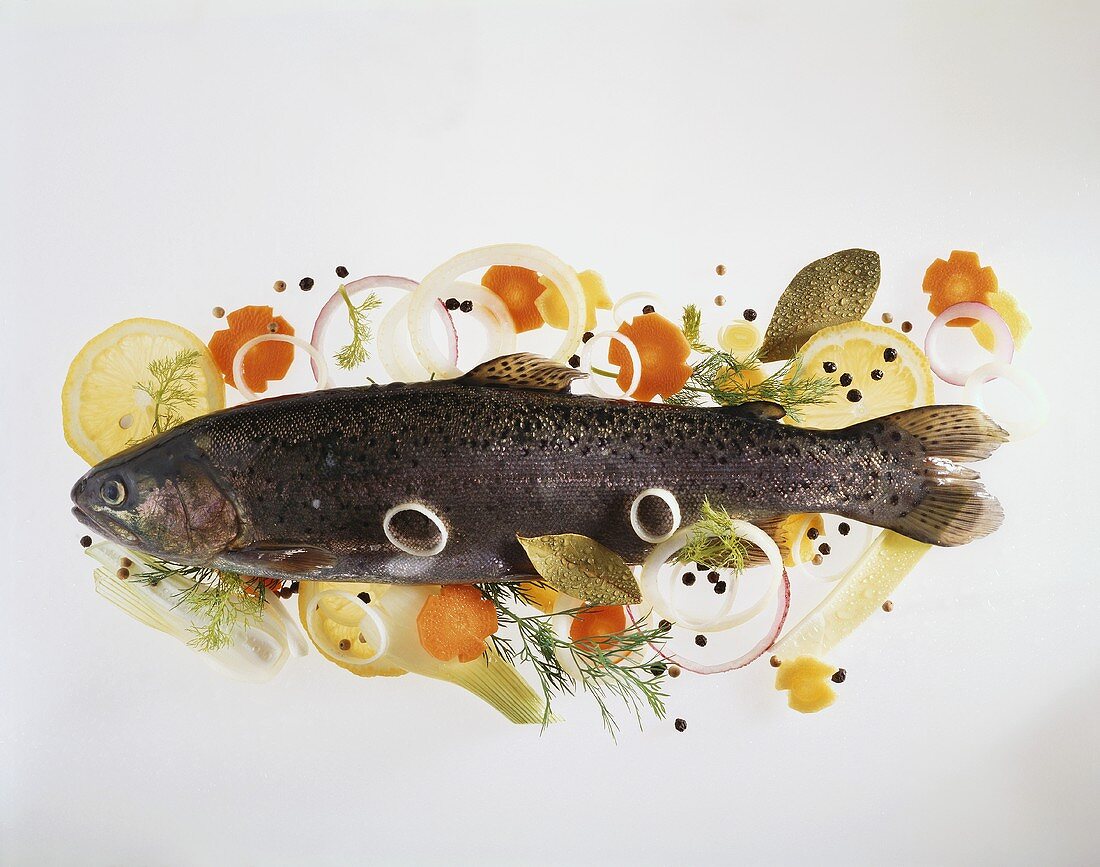 Trout, surrounded by raw vegetables, lemons & herbs