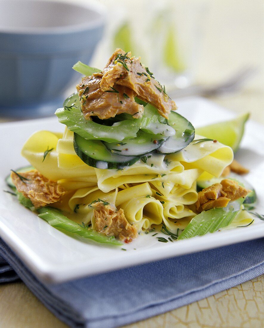 Lasagne sheets with tuna, cucumber and celery