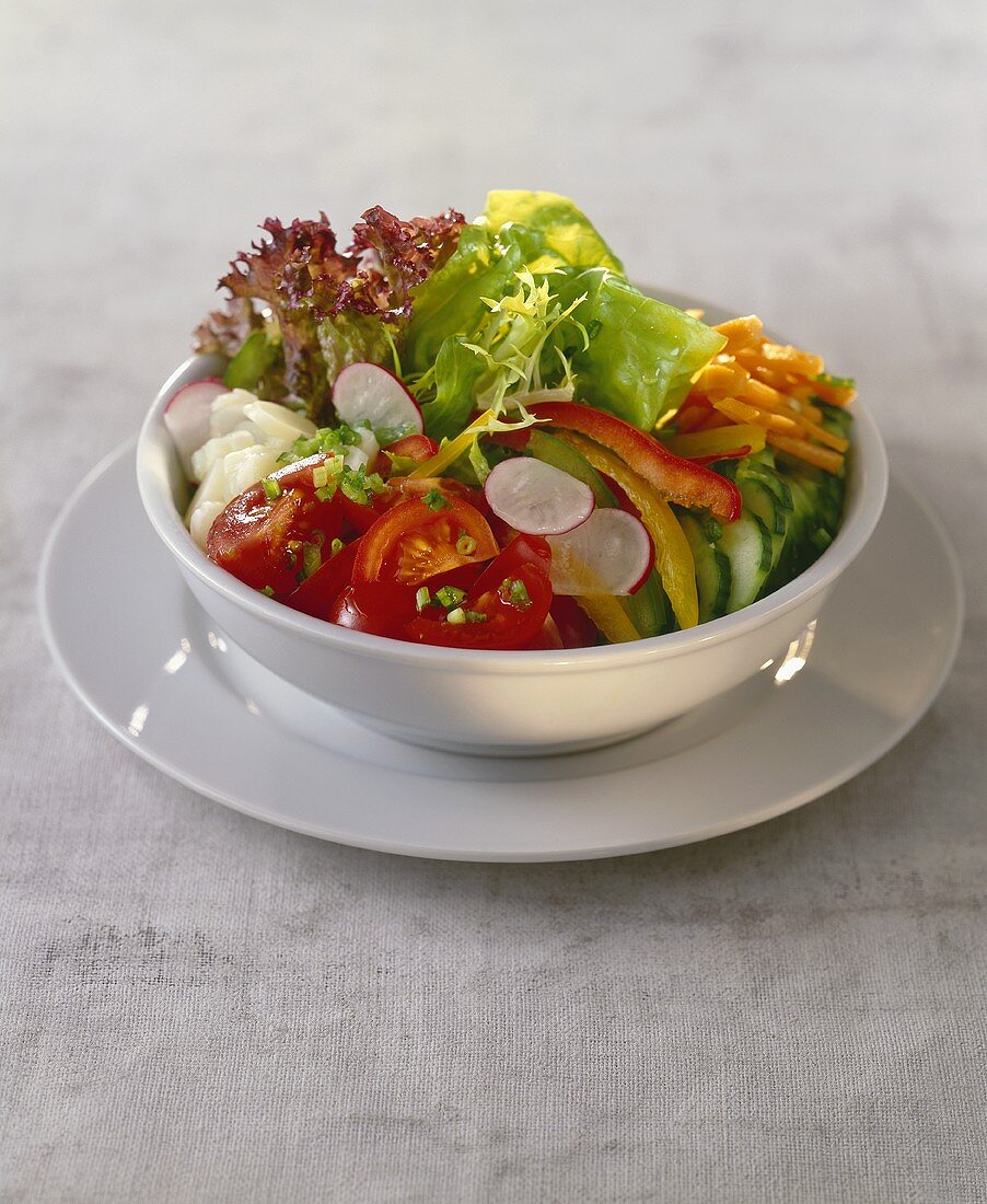 Mixed salad leaves with vegetables in a white bowl
