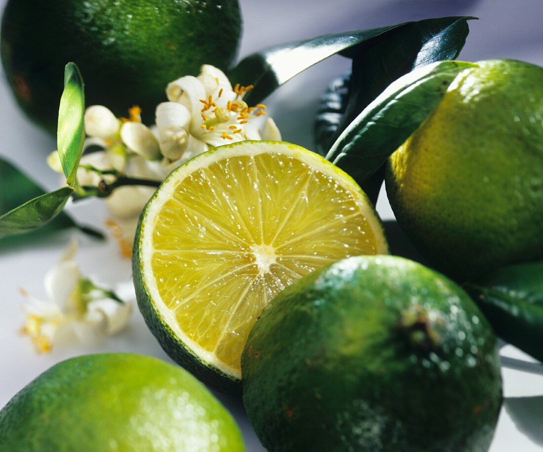 Limes, one halved, with blossom
