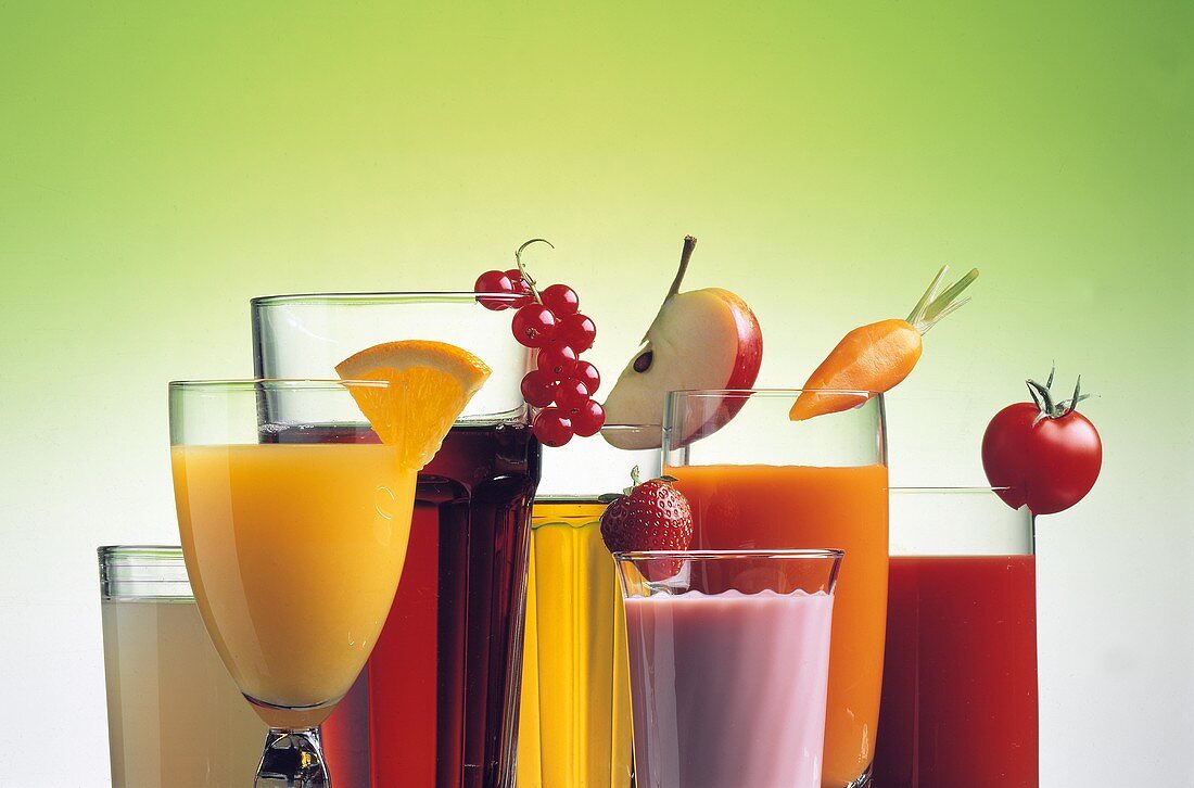 Various fruit and vegetable juices in glasses