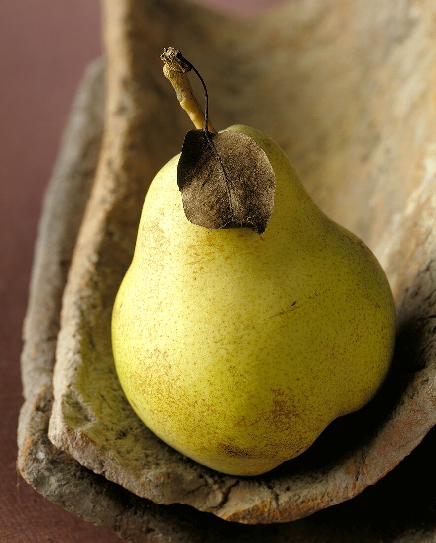 Yellow pear with stalk and leaf