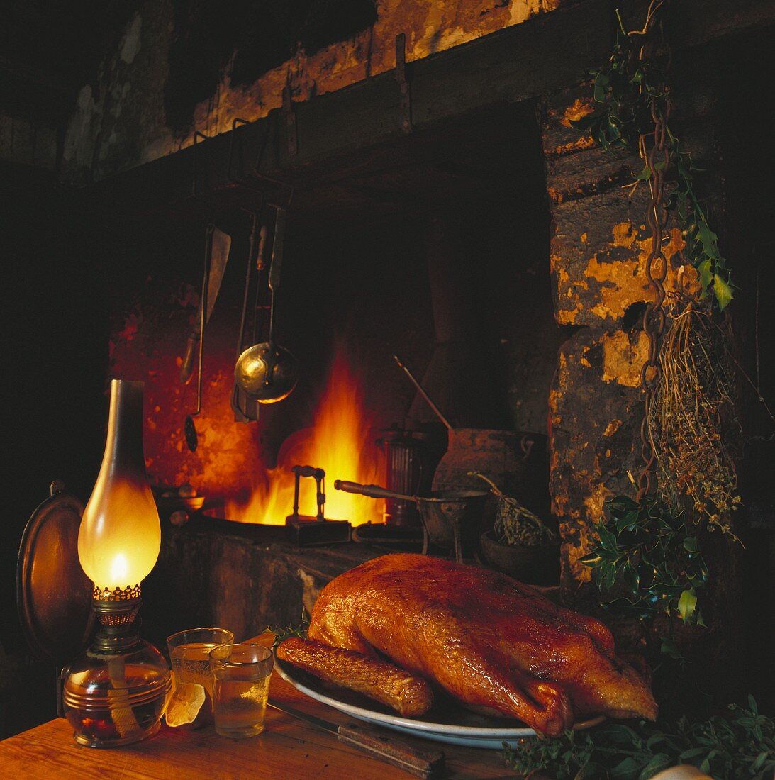 Roast duck on a platter in front of an open fireplace