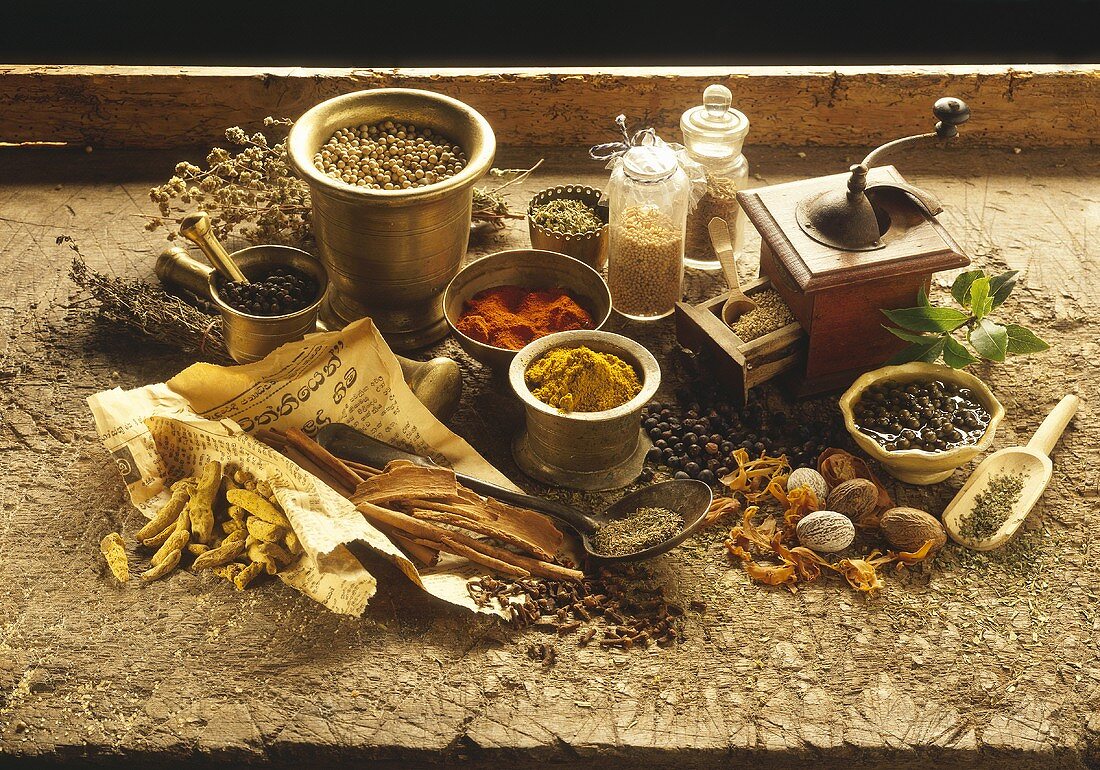 Various exotic spices with mortar and coffee mill