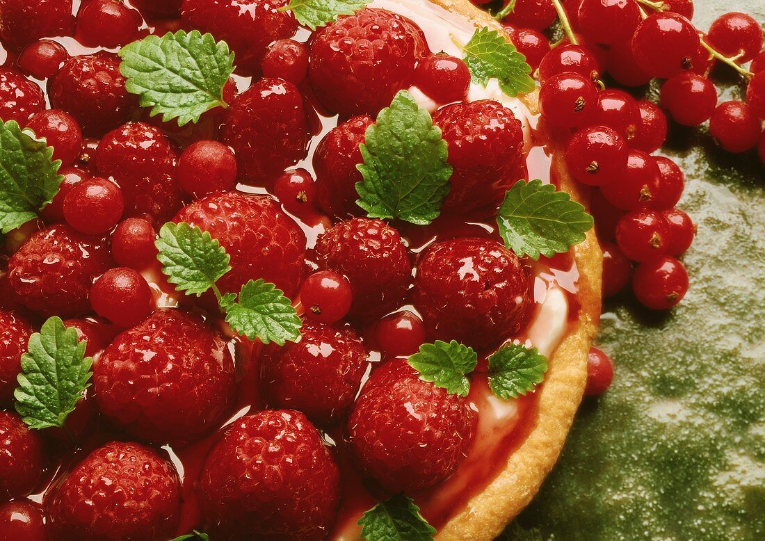 Himbeer-Johannisbeer-Tarte mit frischer Minze