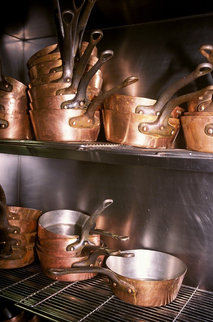 Copper pans in the Louis XV Restaurant in Monaco
