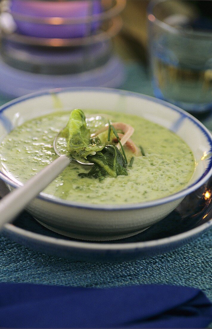 Cream of lettuce soup with ham strips on plate