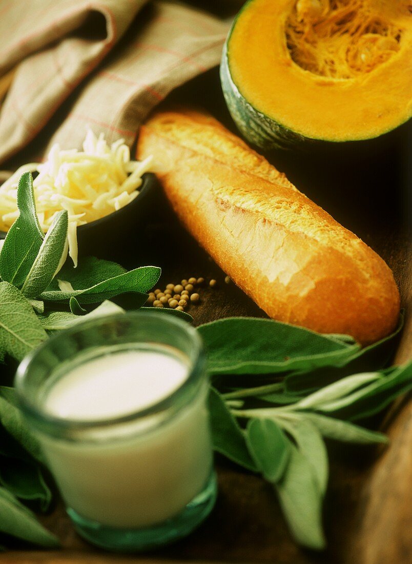 Still life with pumpkin, baguette, cheese, sage & milk