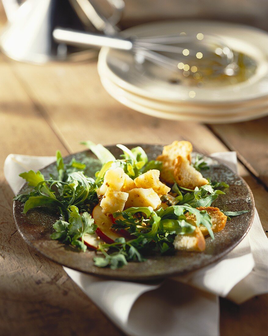 Rocket salad with cheese, crostini, apple and parsley