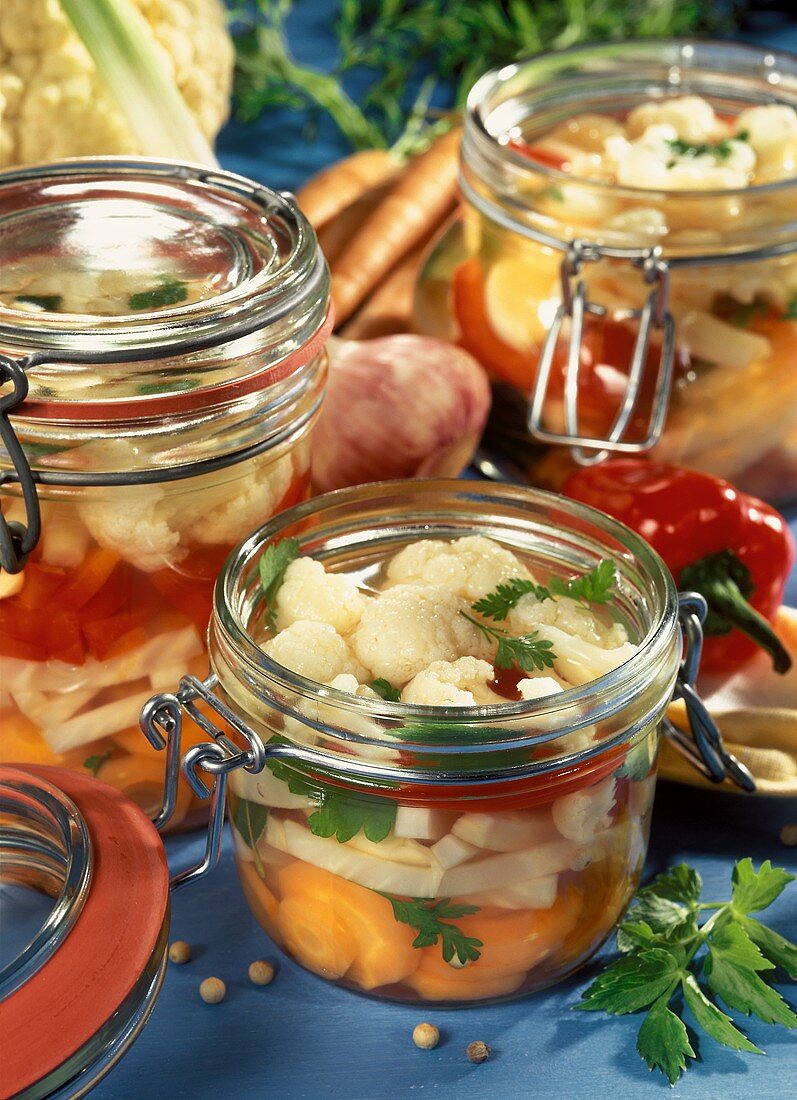 Assorted mixed vegetables in preserving jars