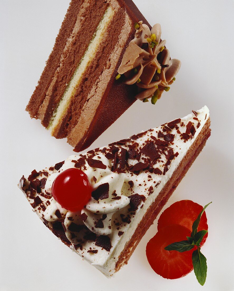 A piece of chocolate gateau & Black Forest cherry gateau