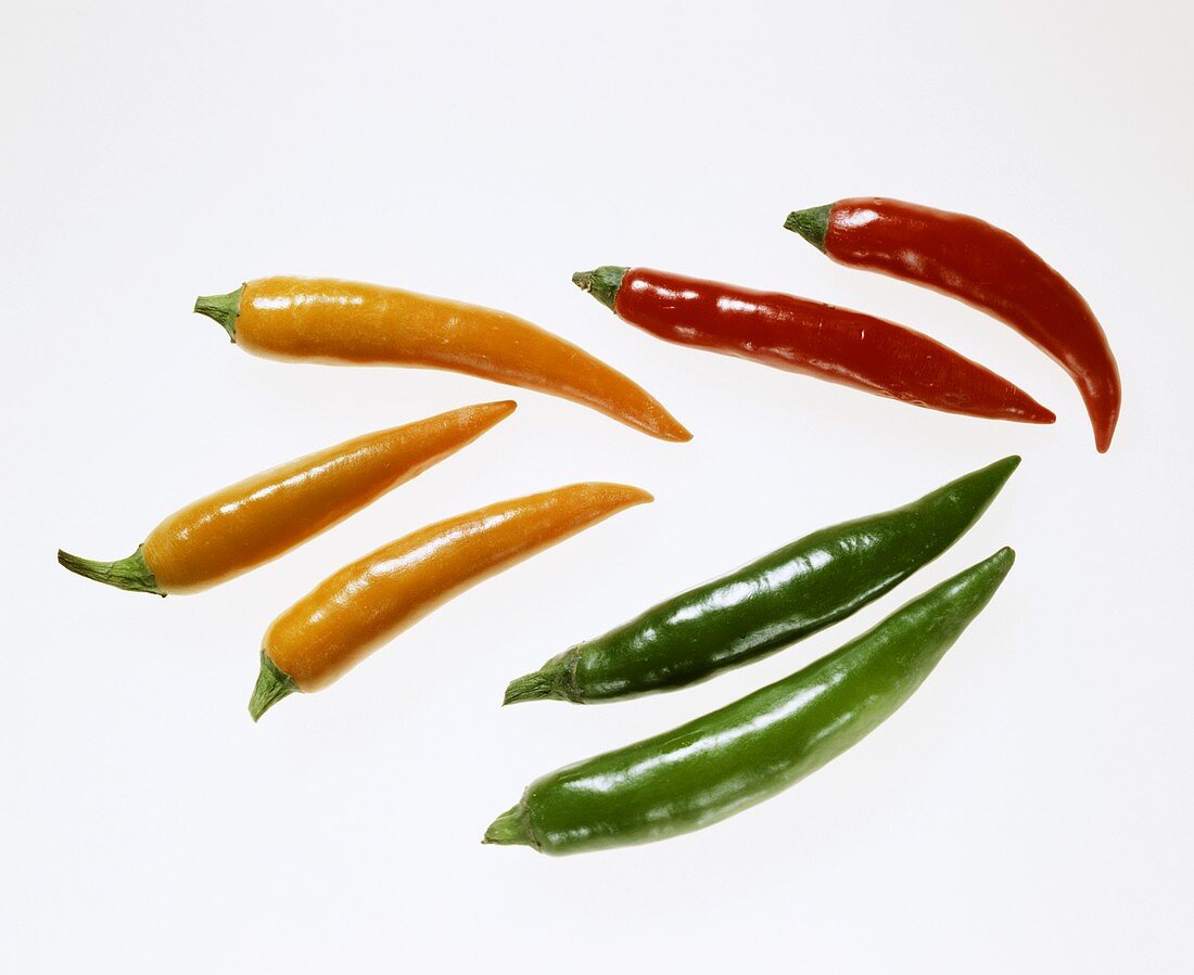 Red, green and yellow chili peppers