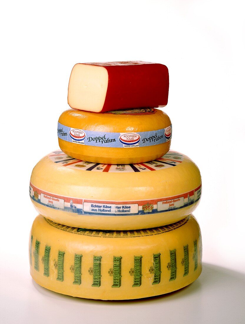 A pile of Dutch cheeses: Gouda, Leerdam, Edam