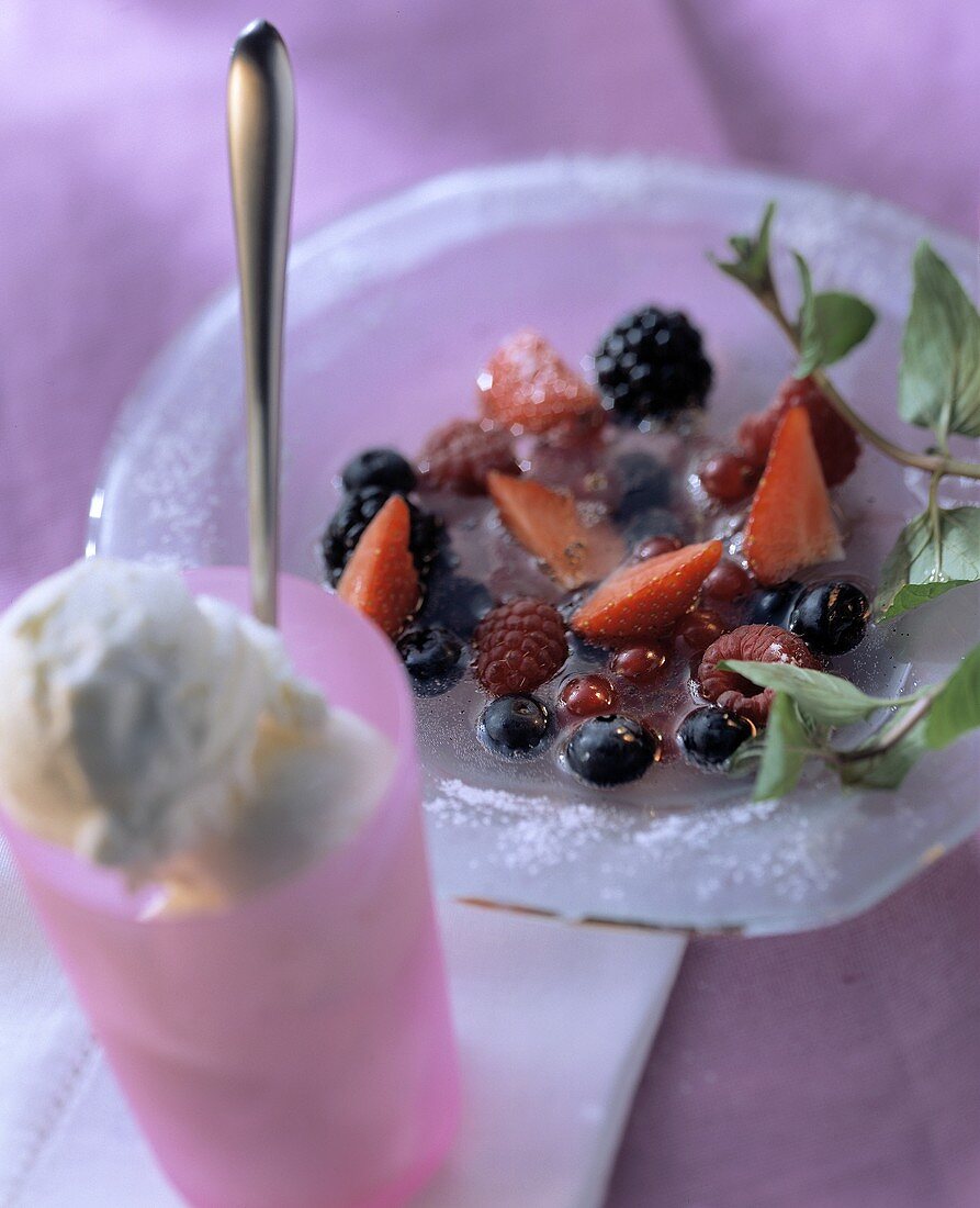 Ice-cold berry soup with mint and yoghurt ice cream