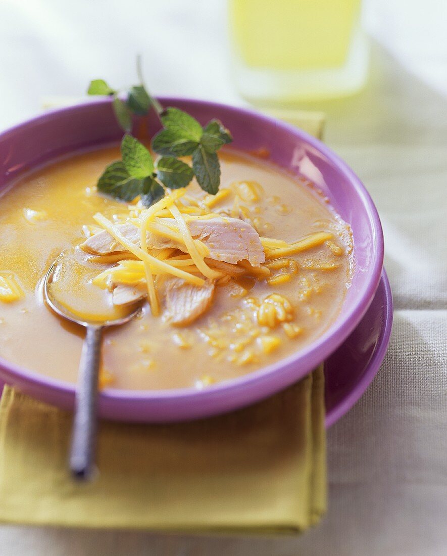 Mango soup with chicken breast and fresh mint