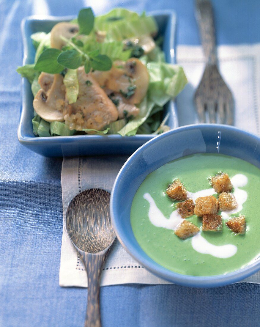 Spinach soup and croutons; lettuce, turkey breast & mushroom