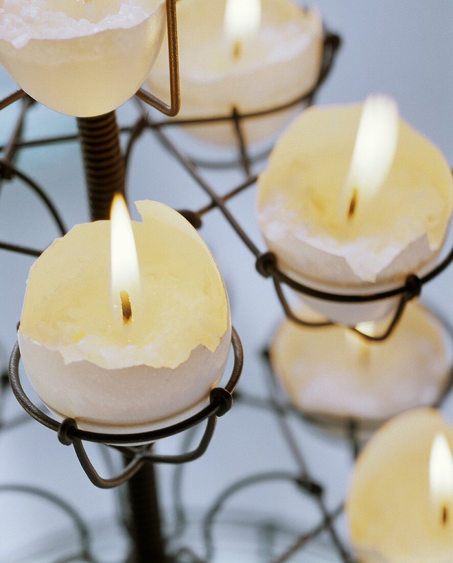 Egg candles: tea lights in halved egg shells