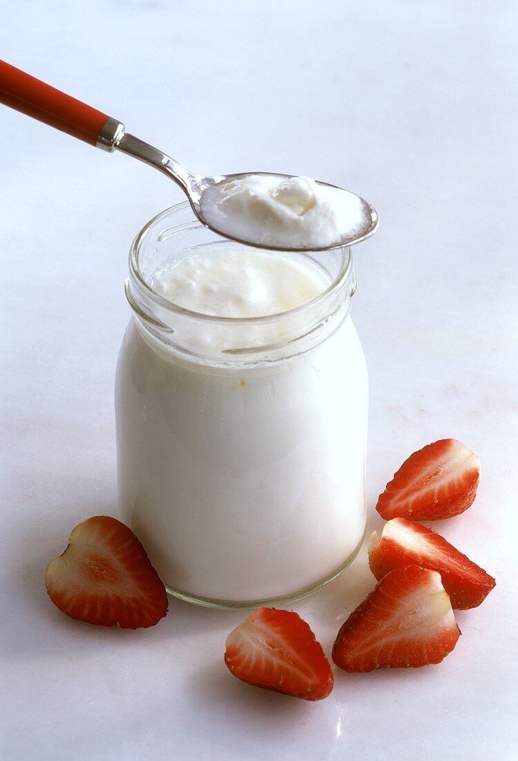 Joghurt im Glas und auf Löffel; Erdbeeren