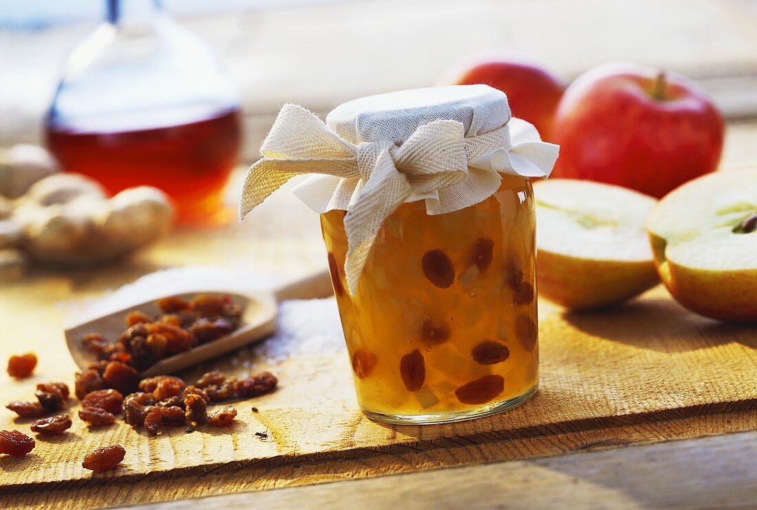 Apple and ginger preserve with Calvados raisins in jar