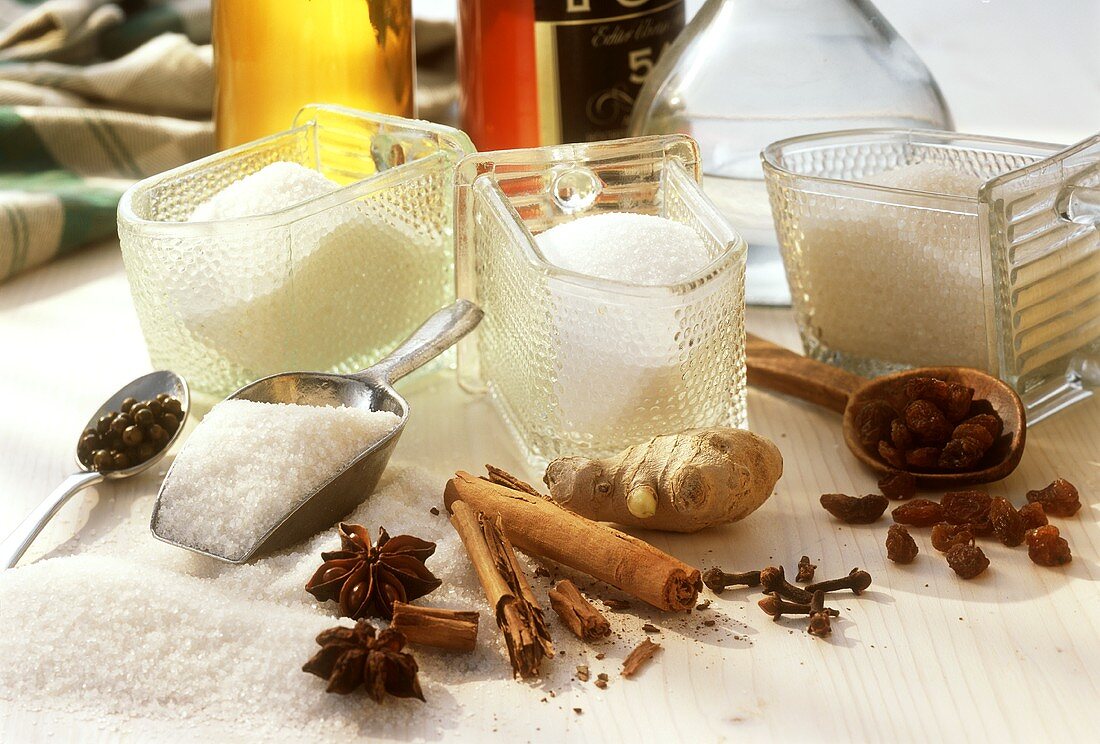 Still life with sugar, spices, raisins and schnapps