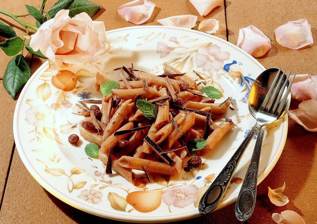 Sweet penne with chocolate sauce, raisins and mint