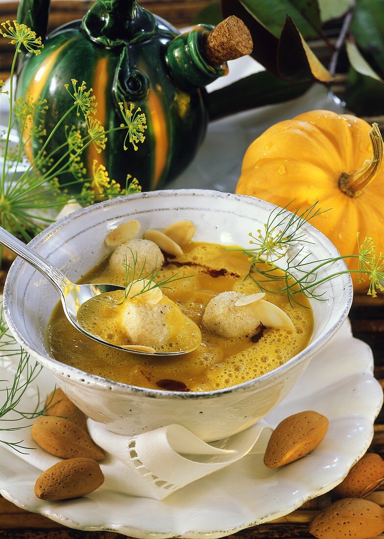 Pumpkin soup with almond dumplings for Thanksgiving