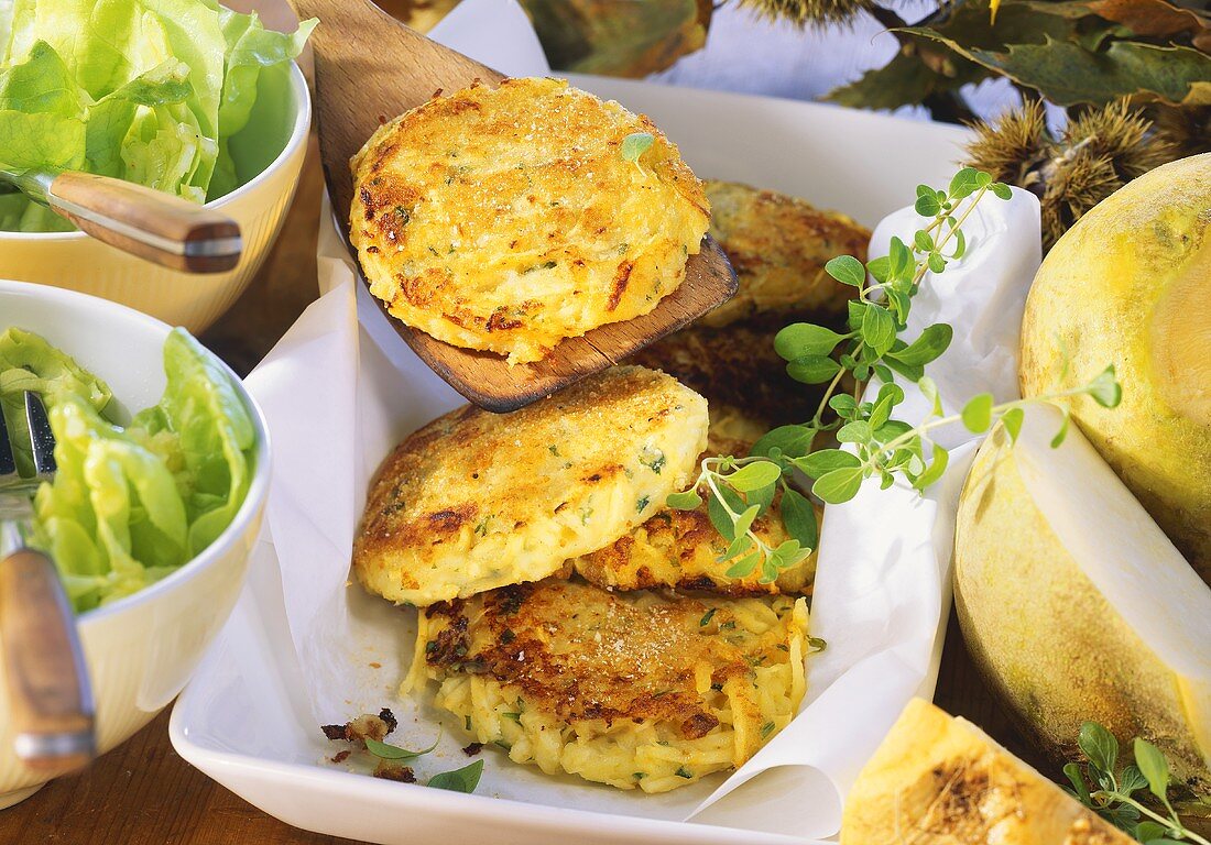 Turnip and potato burgers with marjoram and lettuce